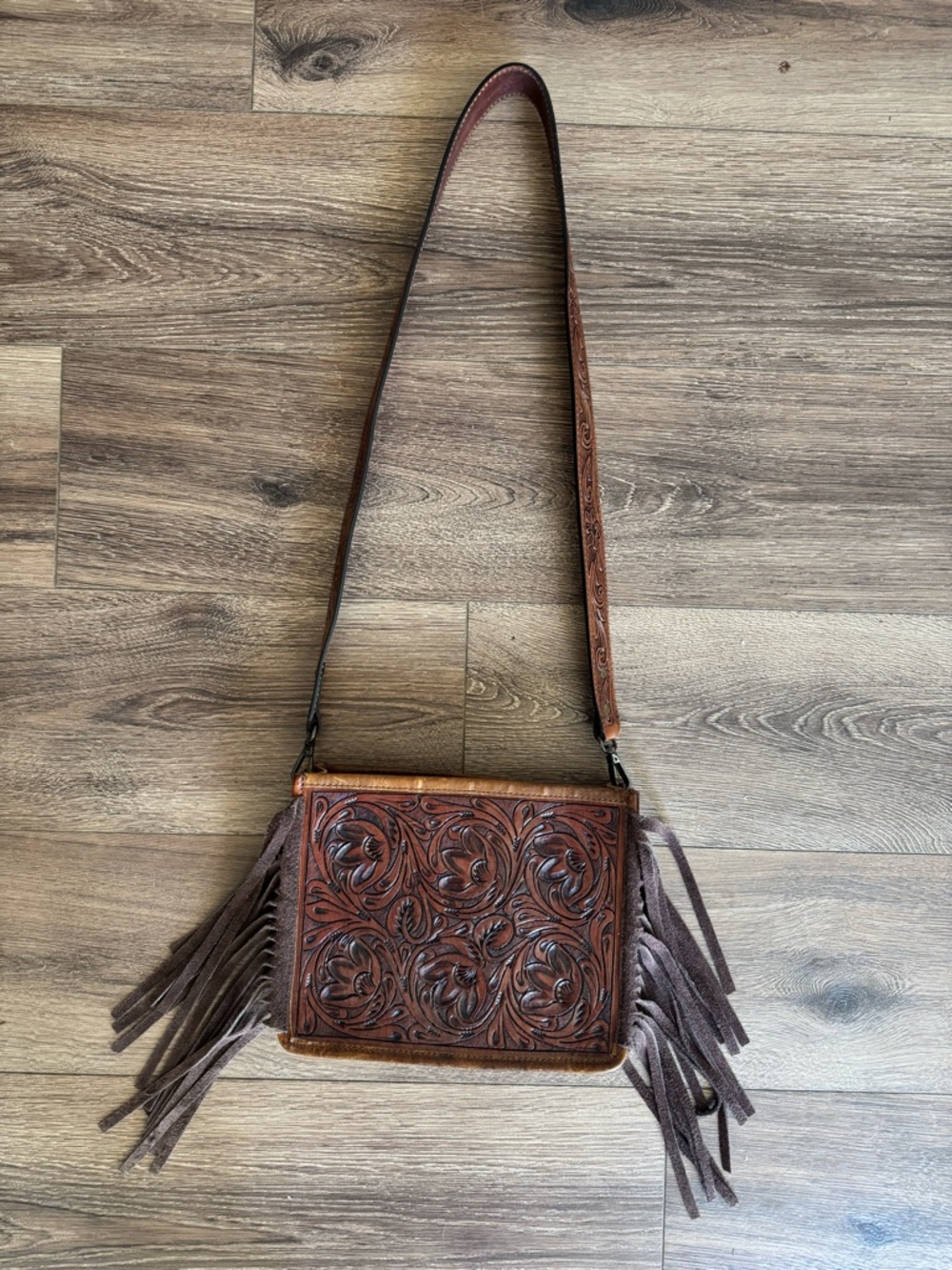 American Darling Tooled Leather Fringe Crossbody Purse